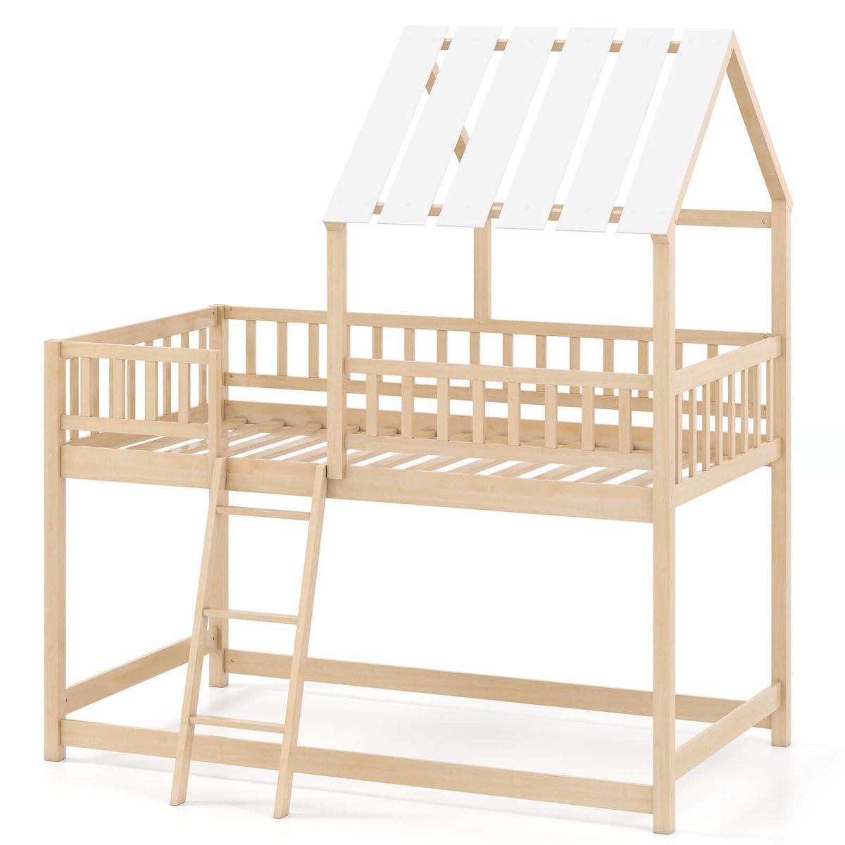 Twin Bunk Bed House with Roof and Full-length Guardrails - Natural