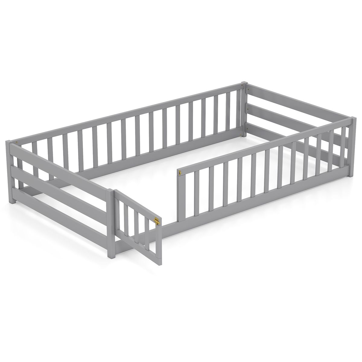 Twin Size Floor Bed with Gate and Safety Guardrails - Gray