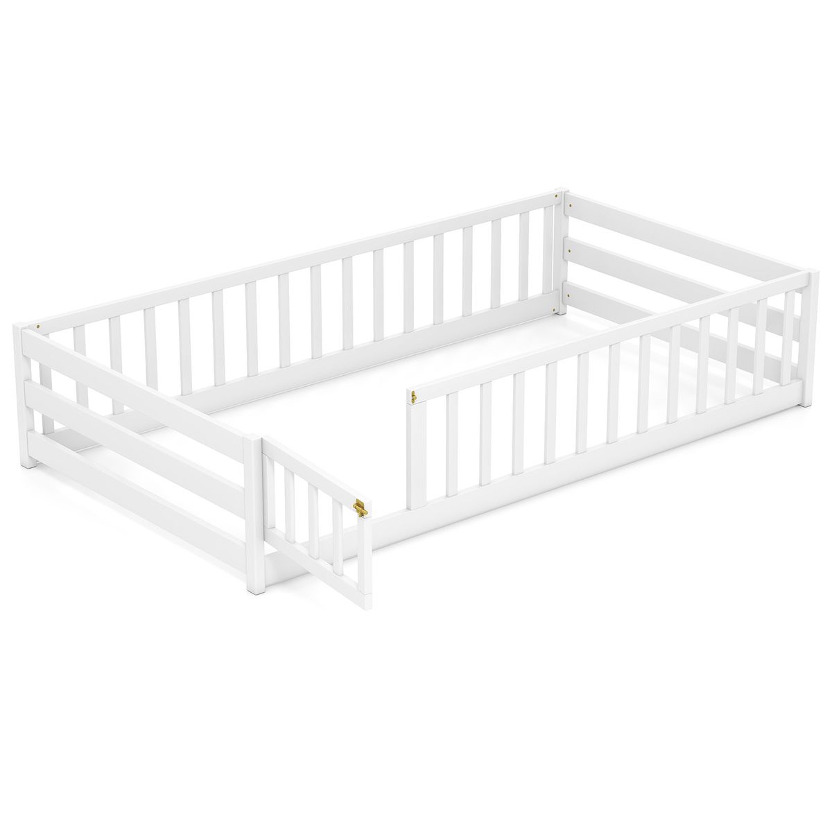 Twin Size Floor Bed with Gate and Safety Guardrails - White