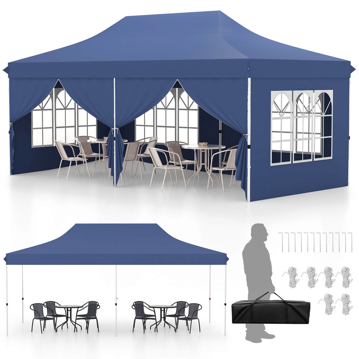 Outdoor 10 x 20 FT Pop-Up Canopy Tent with 6 Sidewalls - Blue