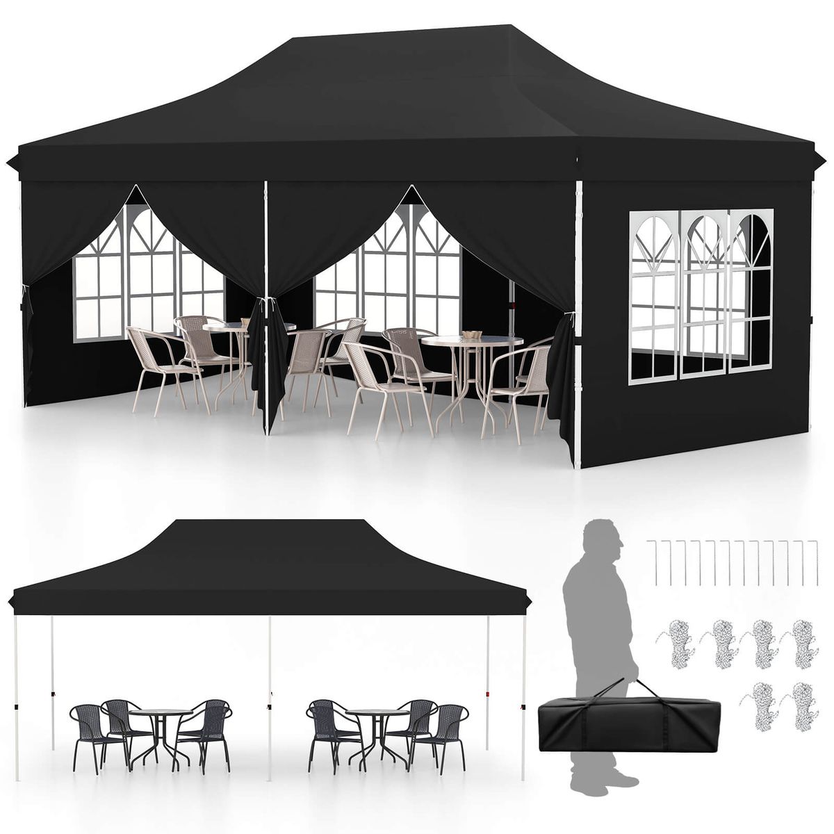 Outdoor 10 x 20 FT Pop-Up Canopy Tent with 6 Sidewalls - Black