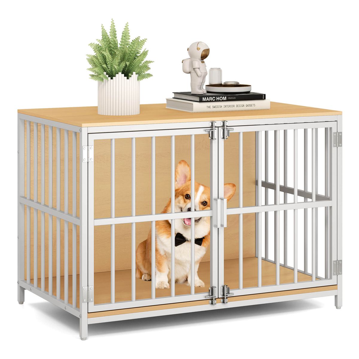 40” Heavy-Duty Dog Crate Furniture with 2 Lockable Doors - Natural