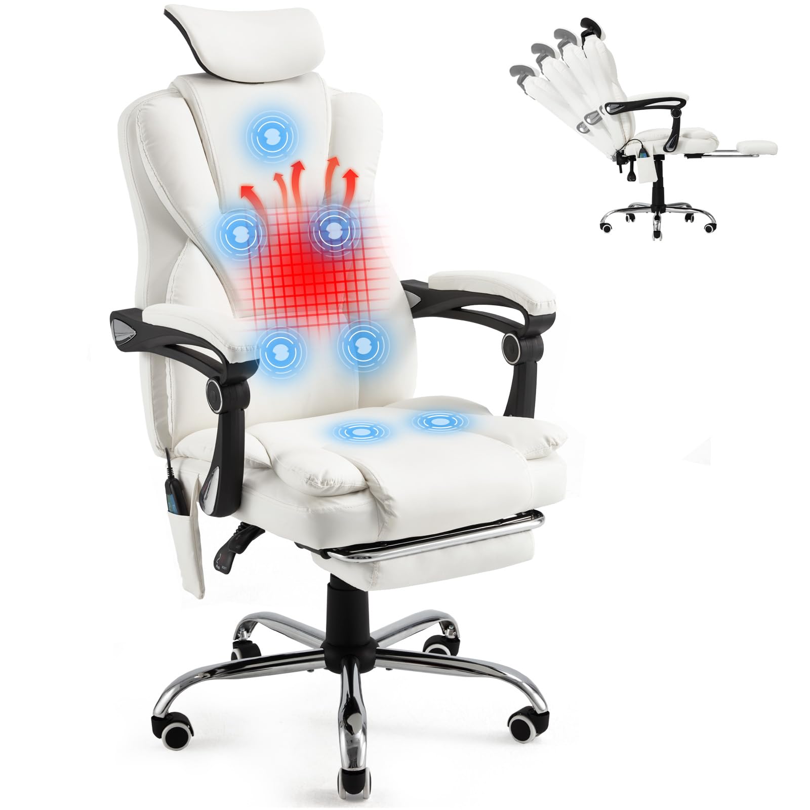 Office Chair with 7-Point Vibration Massage and Heat Functions - Cream White