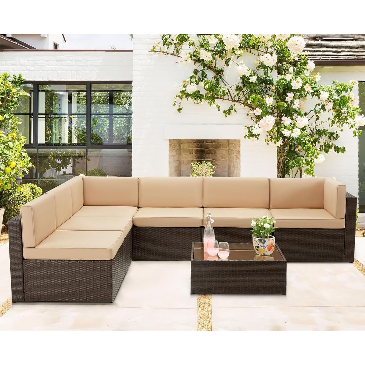 7-Piece Outdoor Patio Furniture Set with 30" Fire Pit Table - Brown Rattan & Beige Cushion