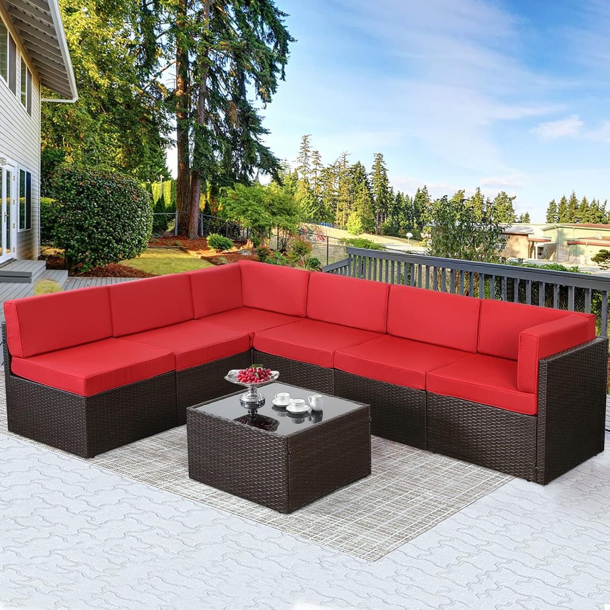 7-Piece Outdoor Patio Furniture Set with 30" Fire Pit Table - Brown Rattan & Red Cushion