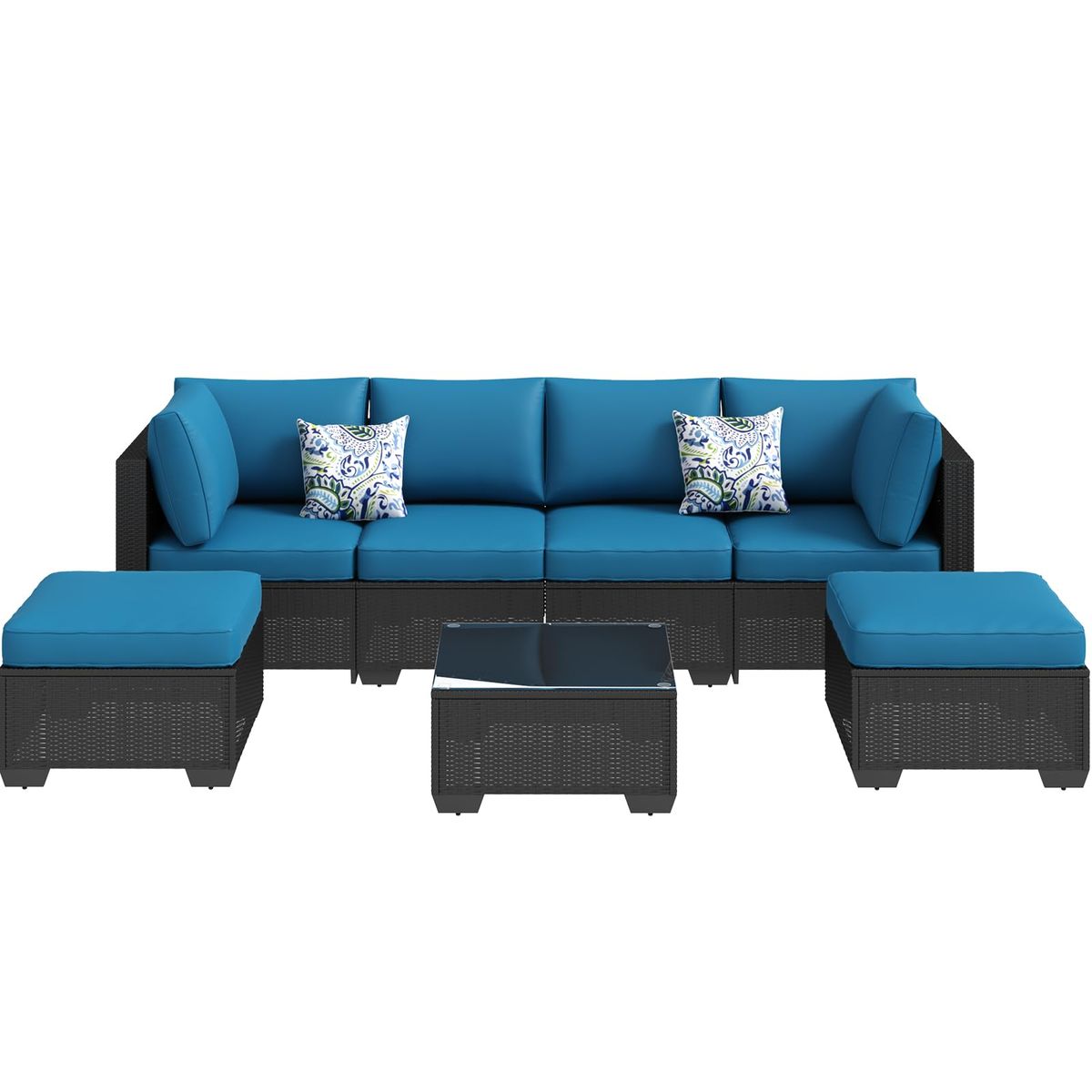 7-Piece Outdoor Patio Furniture Set with 30" Fire Pit Table - Black Rattan& Peacock Cushion