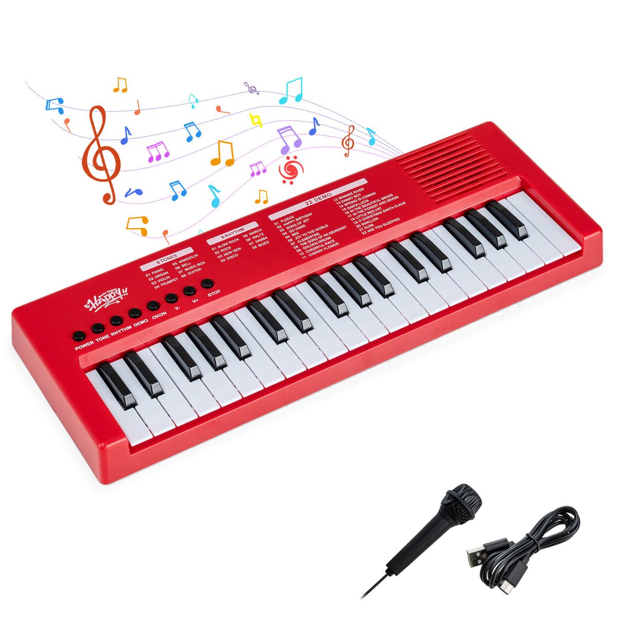 Kids Piano Keyboard with 8 Rhythms, 8 Tones, 22 Demos - Red