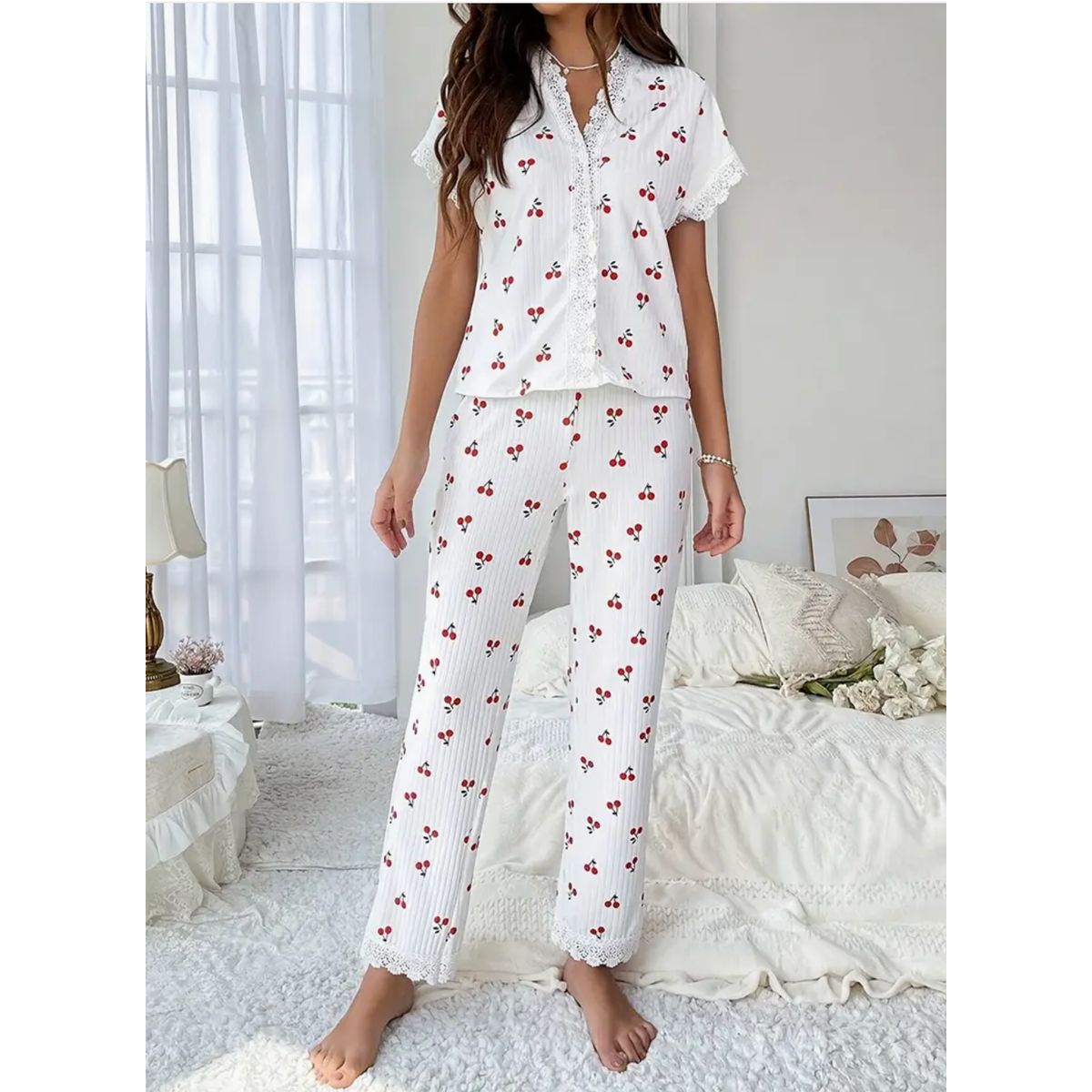 Printed Women's Pajama Set - Cherries, XL