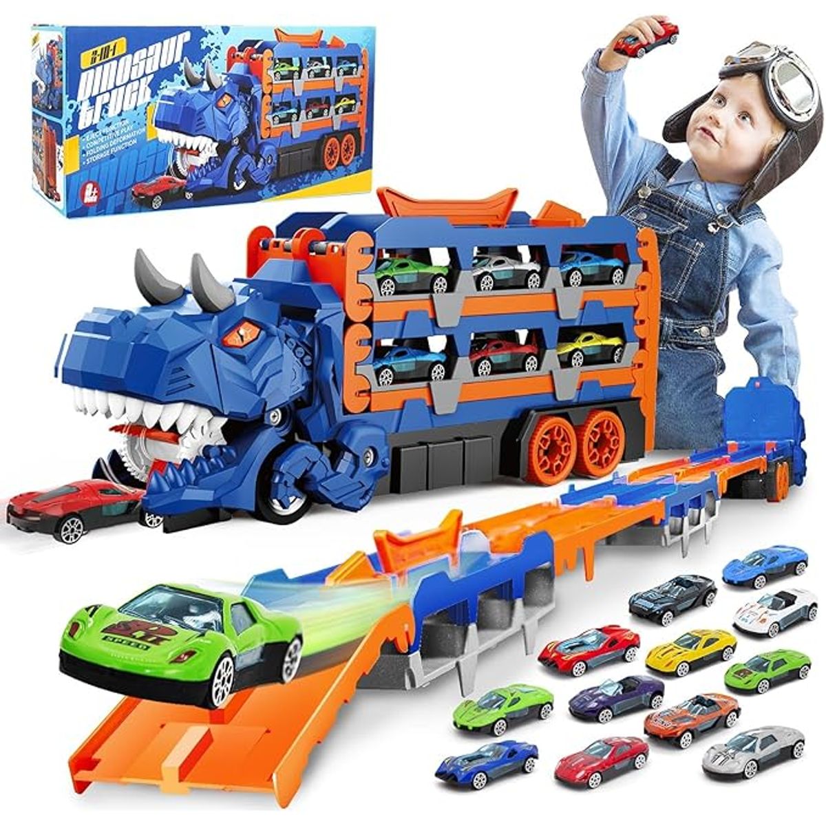 3-in-1 Dinosaur Truck/Race Track with 12 Cars - Dinosaur Transporter Truck Toys