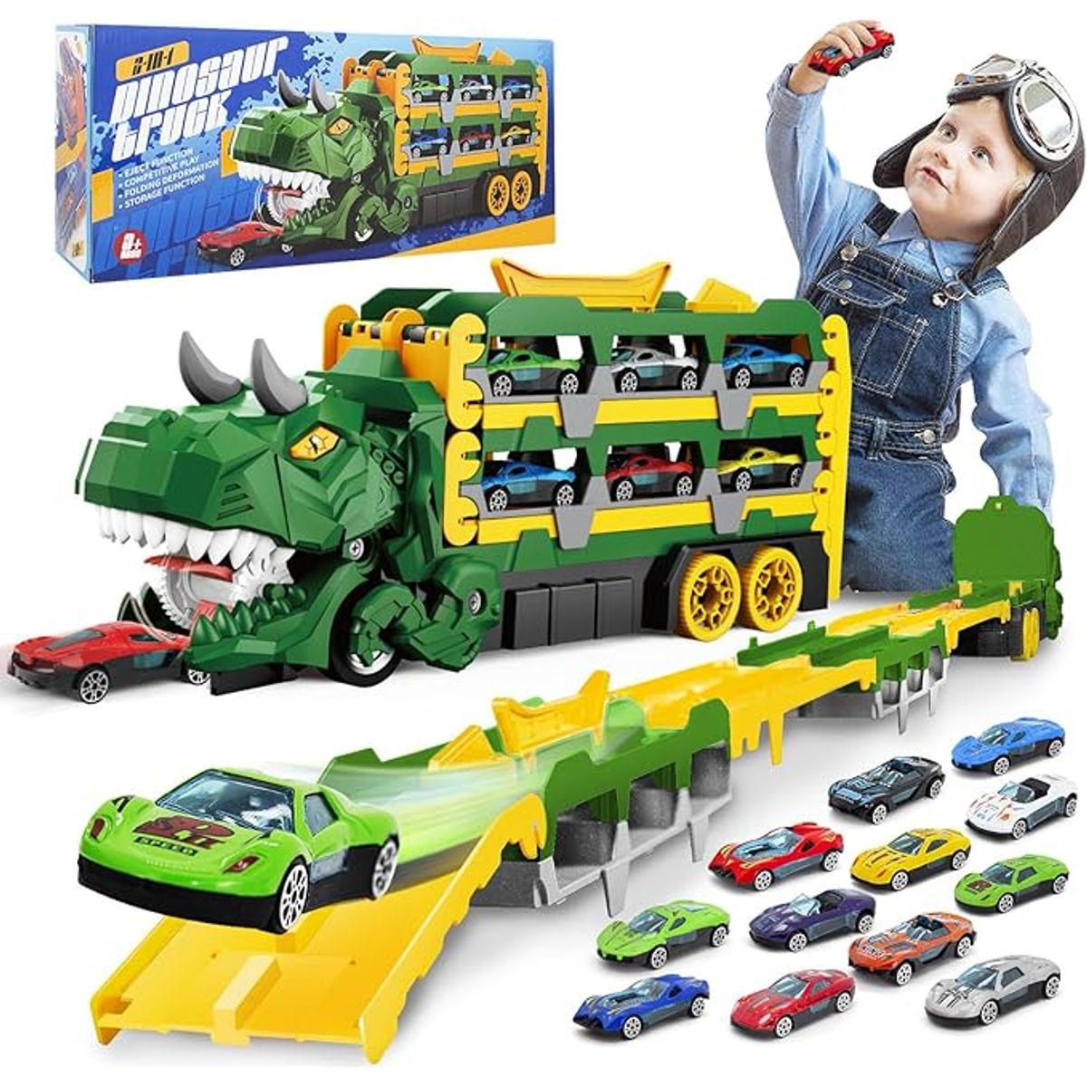 3-in-1 Dinosaur Truck/Race Track with 12 Cars - Green