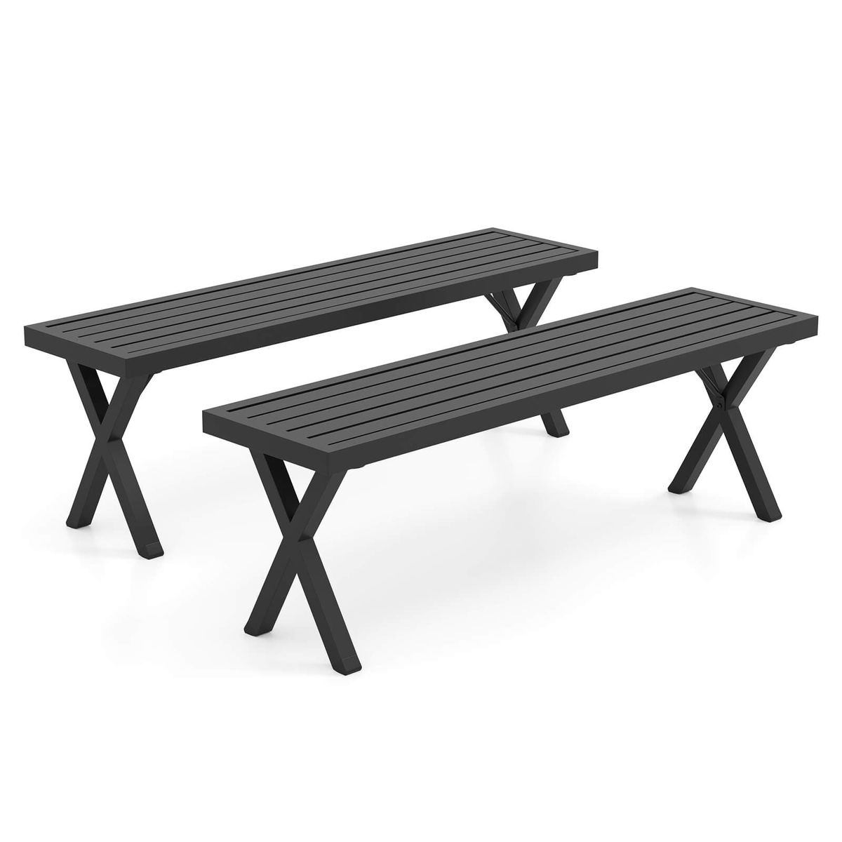 54" Patio Metal Bench with Slatted Seat and X-Shaped Legs - Bench-2pcs