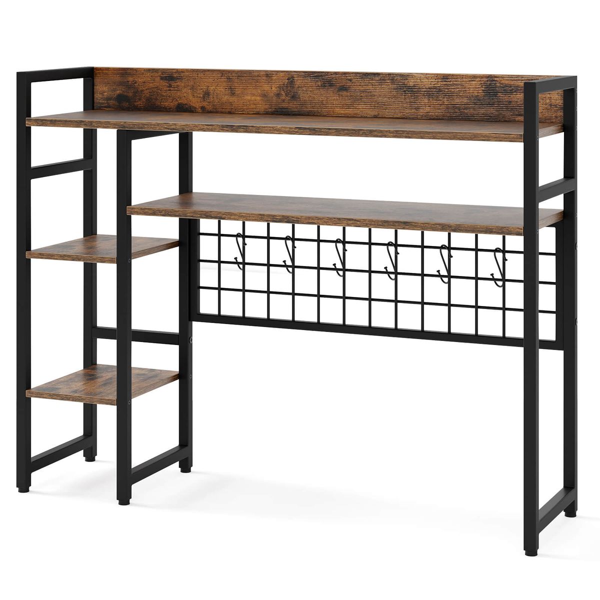 4-Tier Display Shelf with Metal Grid Panel and 6 Hooks - Display Rack-Brown