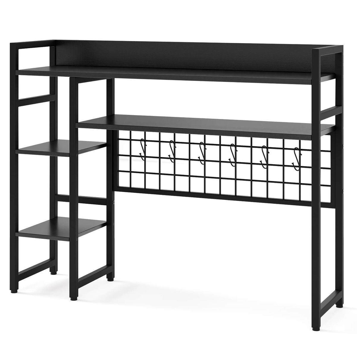 4-Tier Display Shelf with Metal Grid Panel and 6 Hooks - Display Rack-Black