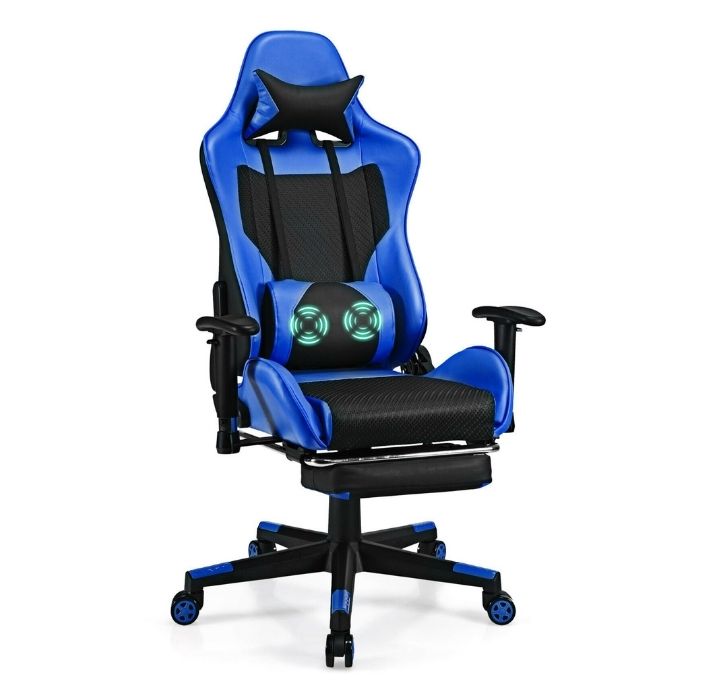 Reclining Massage Rolling Office/Gaming Chair with Footrest - Blue