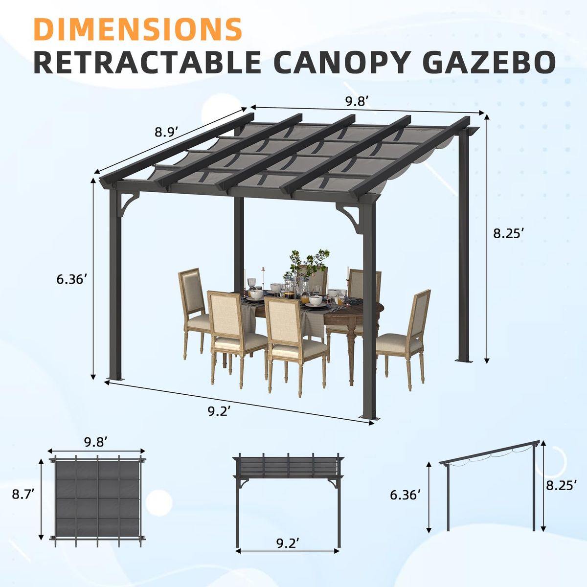 Retractable Pergola with Adjustable Sun Shade Canopy - 10' x 8'