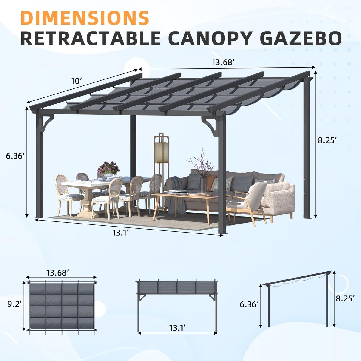 Retractable Pergola with Adjustable Sun Shade Canopy - 14' x 10'