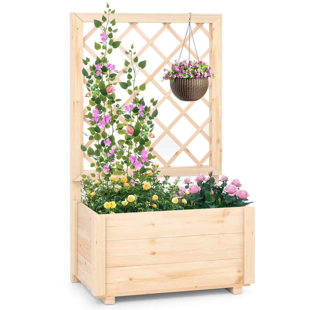 40" Tall Wooden Raised Garden Bed with Lattice Trellis - 1-Piece