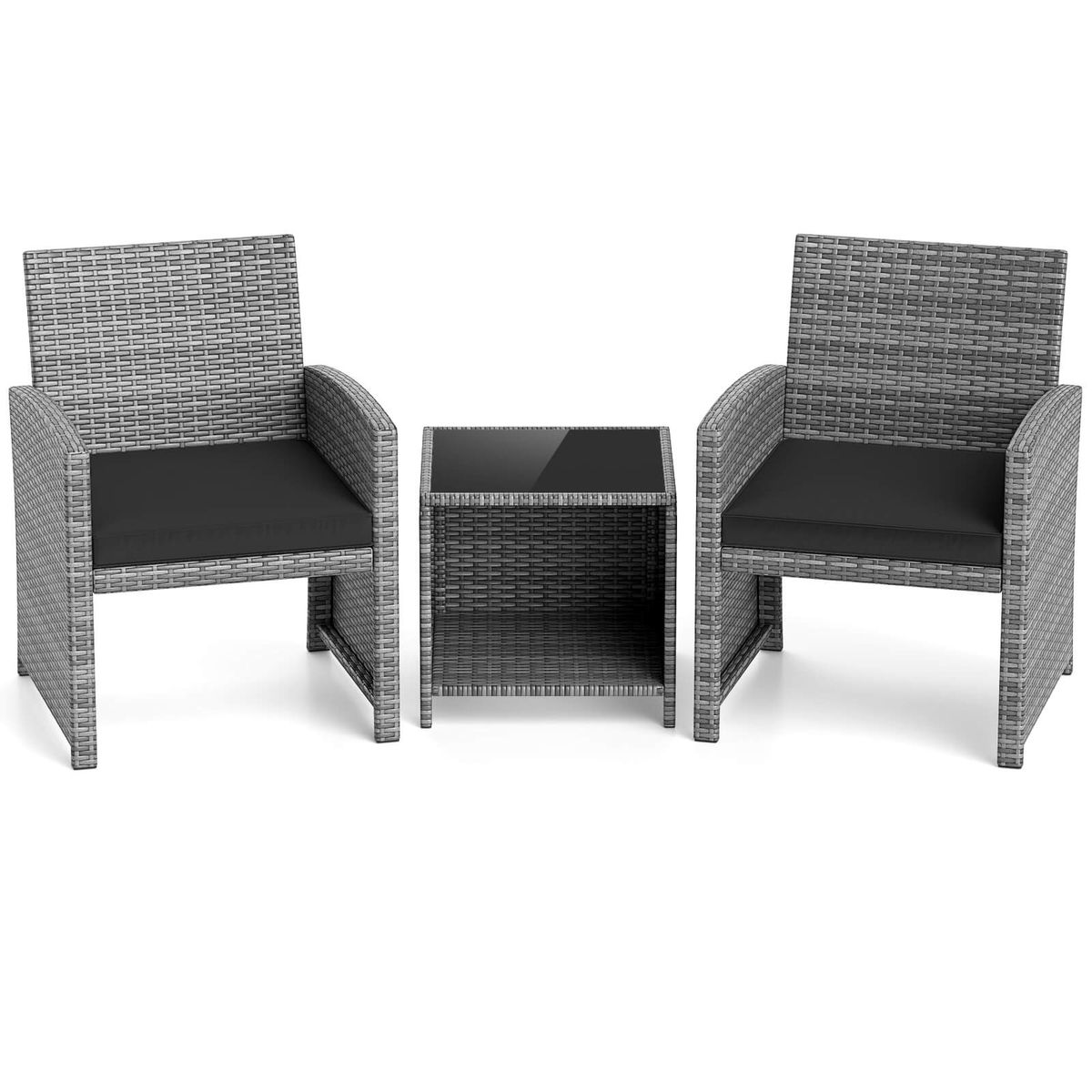 3-Piece Patio Furniture Set with Tempered Glass Coffee Table - Black