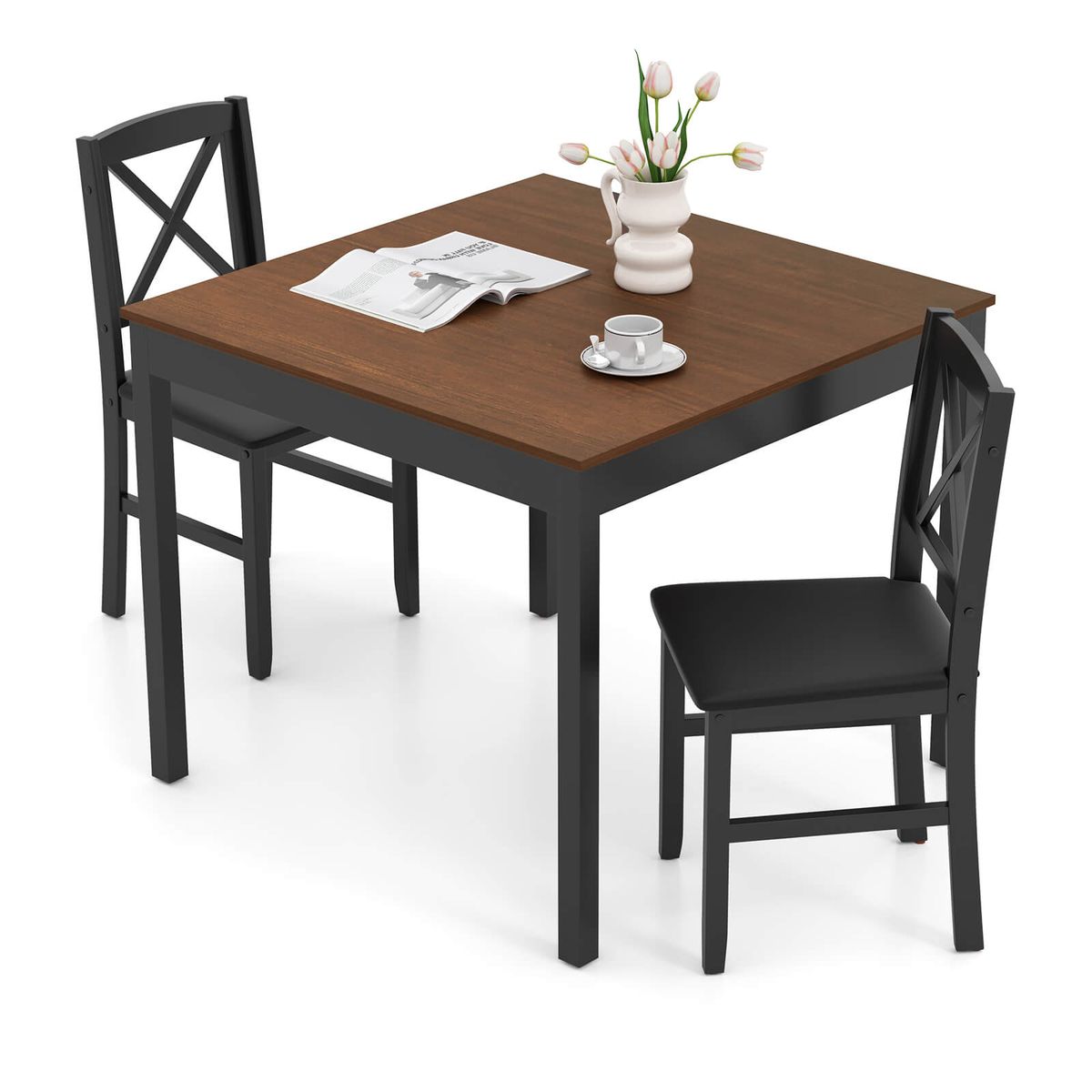 3-Piece Dining Table Set with Upholstered Seats - Brown