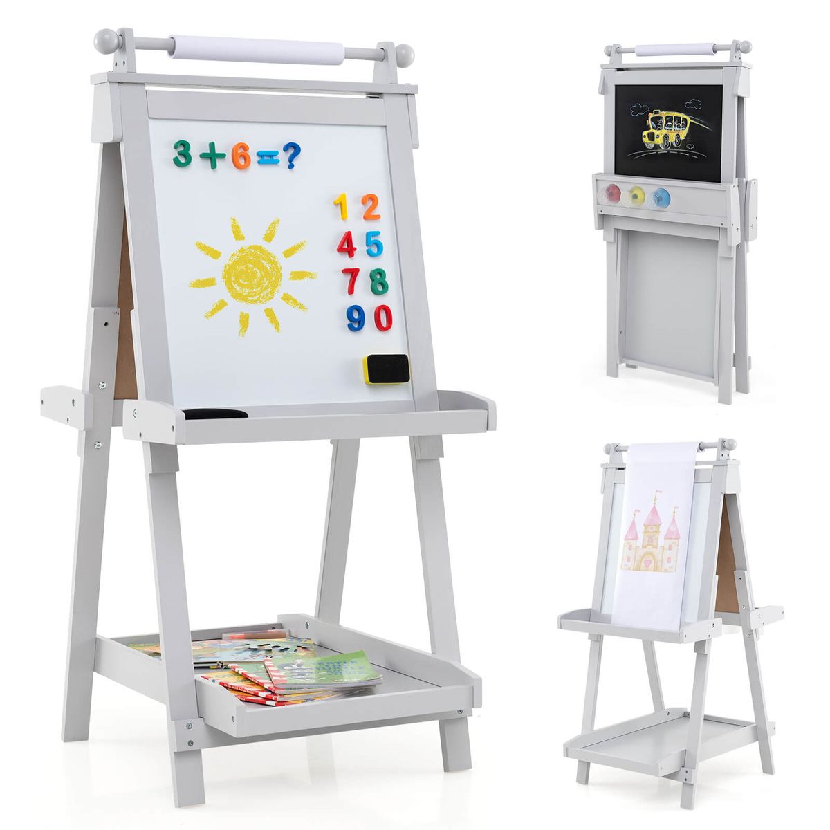 Kids' 3-in-1 Foldable Double-Sided Art Easel with Chalkboard - Gray