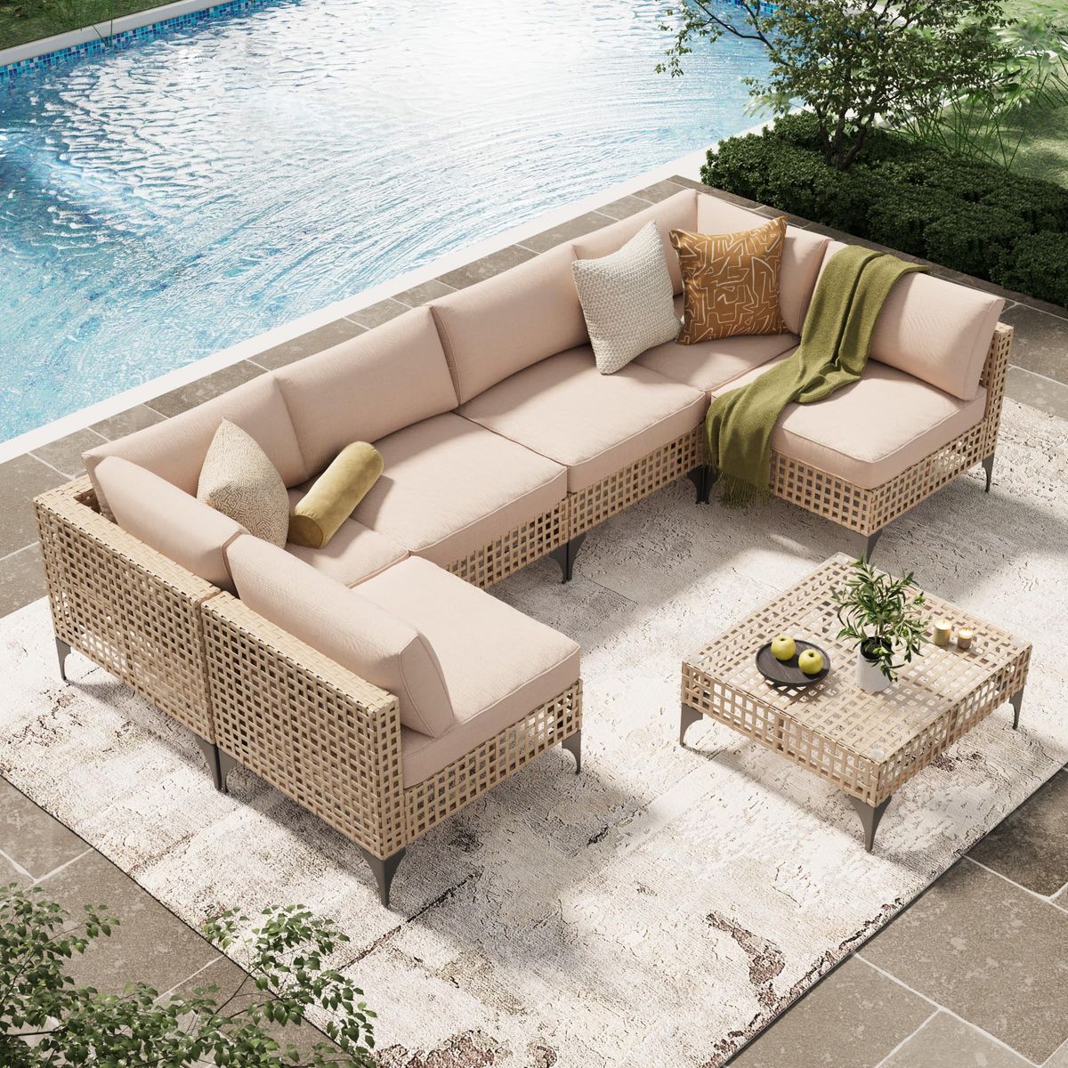 7-Piece Patio Outdoor Furniture Set with Tea Table - Light Brown/Beige