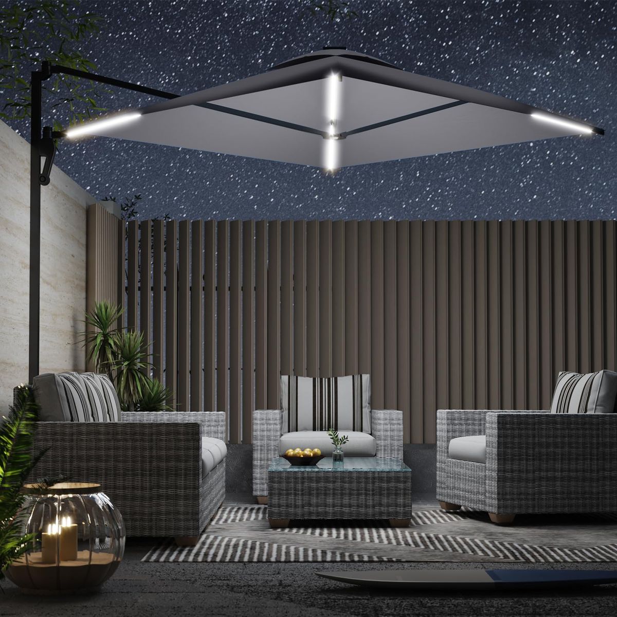 10FT Solar LED Wall Mounted Outdoor Patio Umbrella - Grey