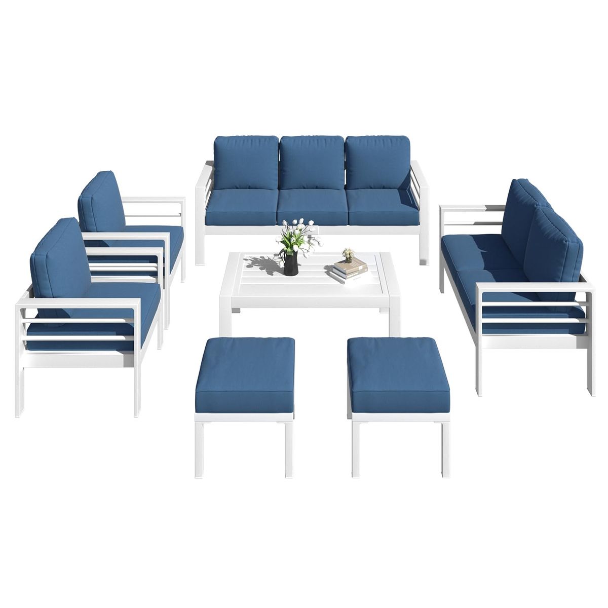 Modern Outdoor Patio Furniture Set with Coffee Table - White-Blue