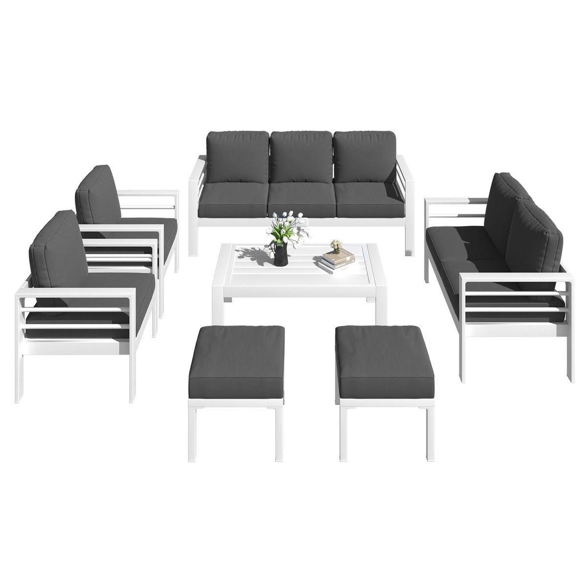 Modern Outdoor Patio Furniture Set with Coffee Table - White-Dark Grey