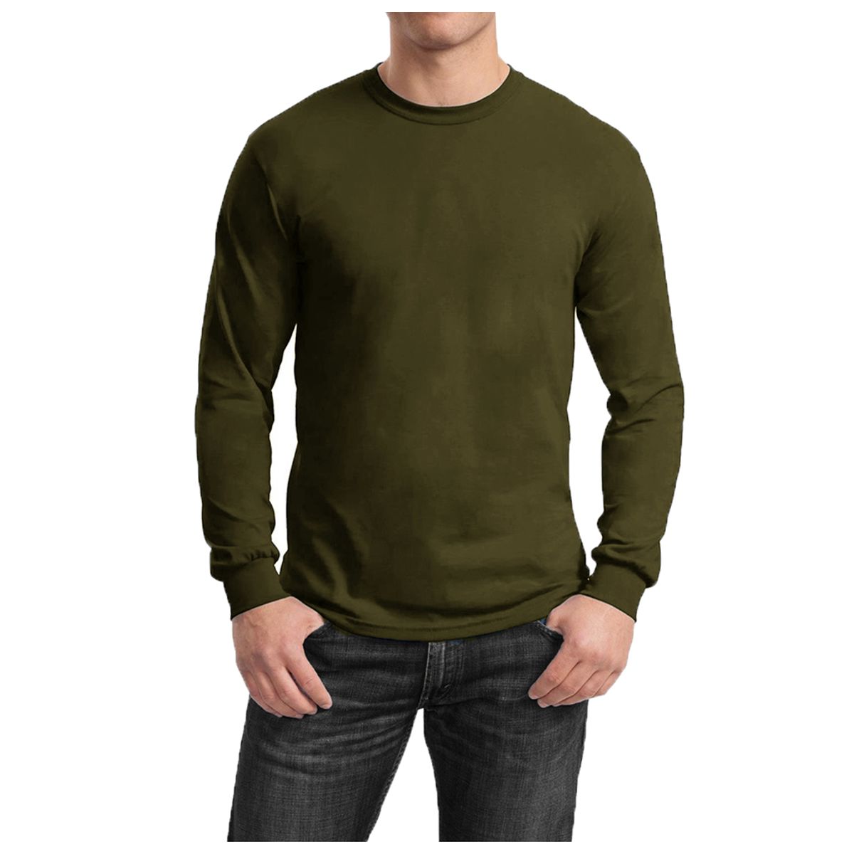 Men's Cotton-Blend Crew Neck Long Sleeve Tee - Olive - X-Large