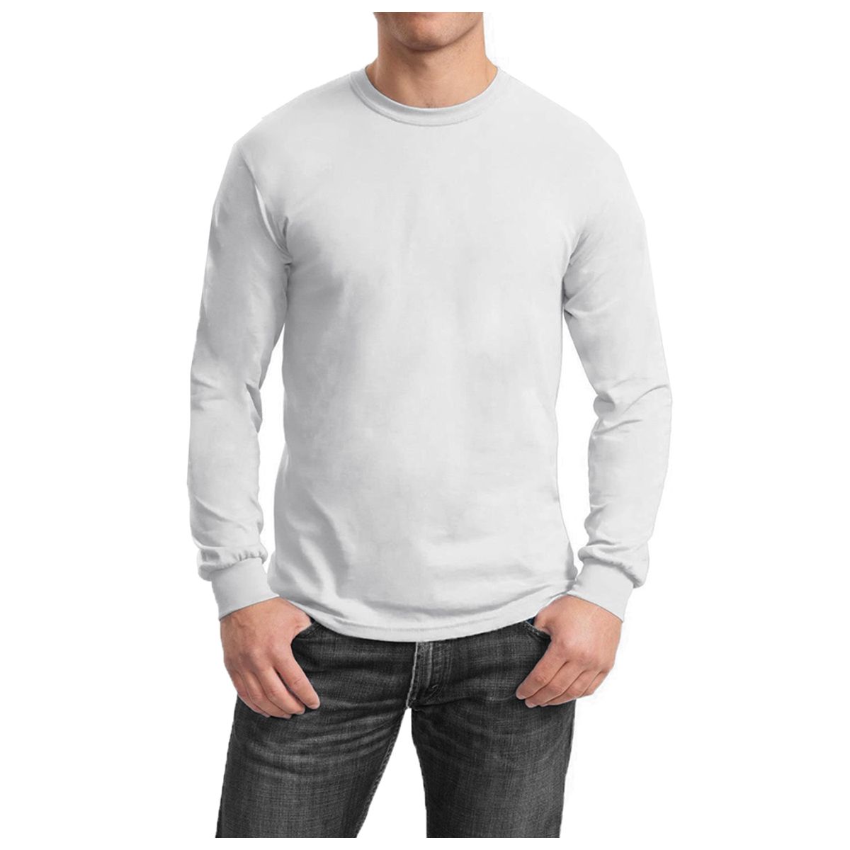 Men's Cotton-Blend Crew Neck Long Sleeve Tee - White - Small