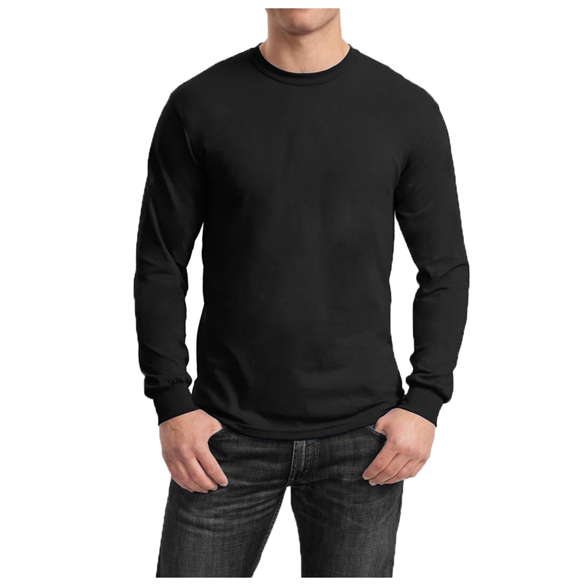 Men's Cotton-Blend Crew Neck Long Sleeve Tee - Black - Small