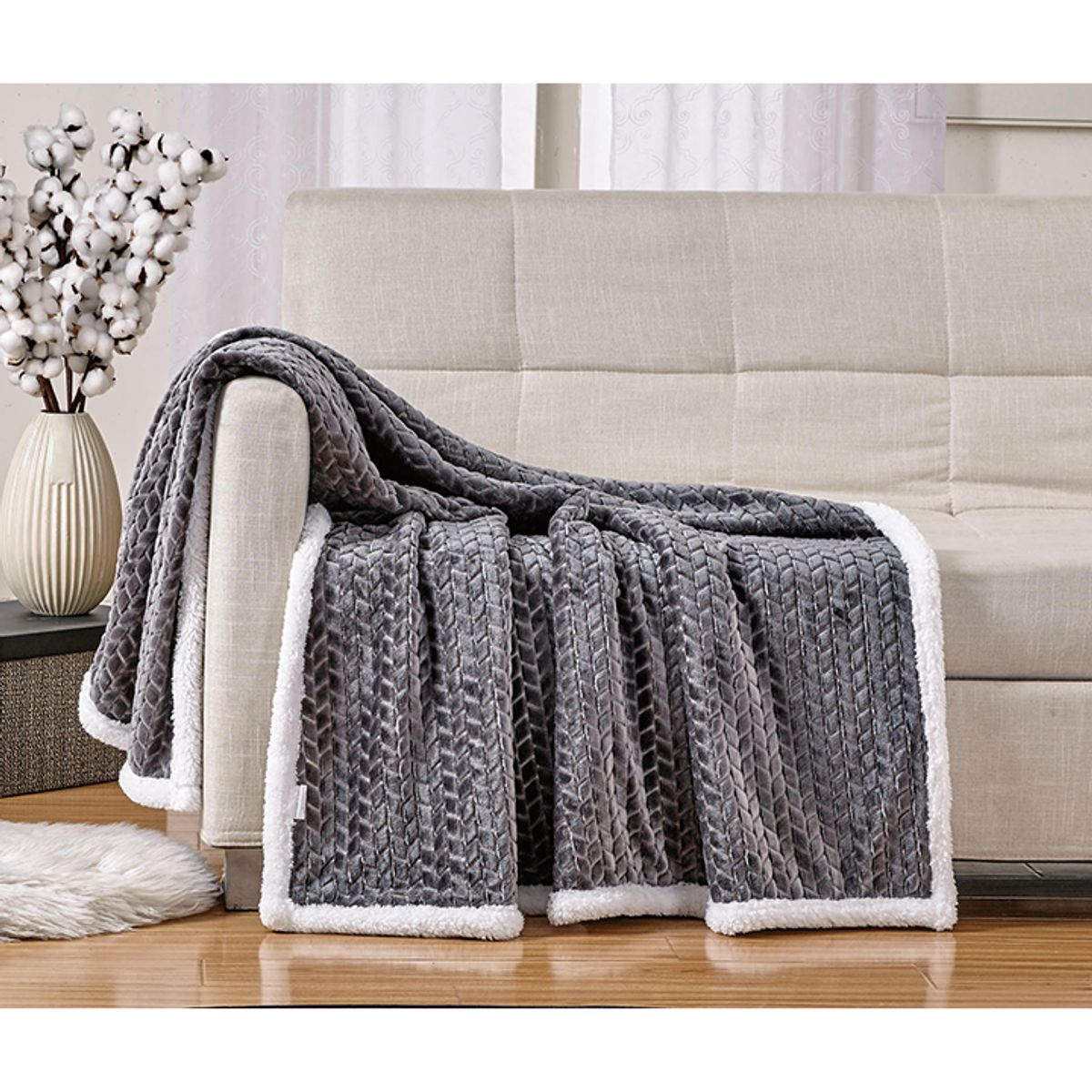 Sheradian Reversible Braid-Pattern Sherpa Throw Blanket - Gray