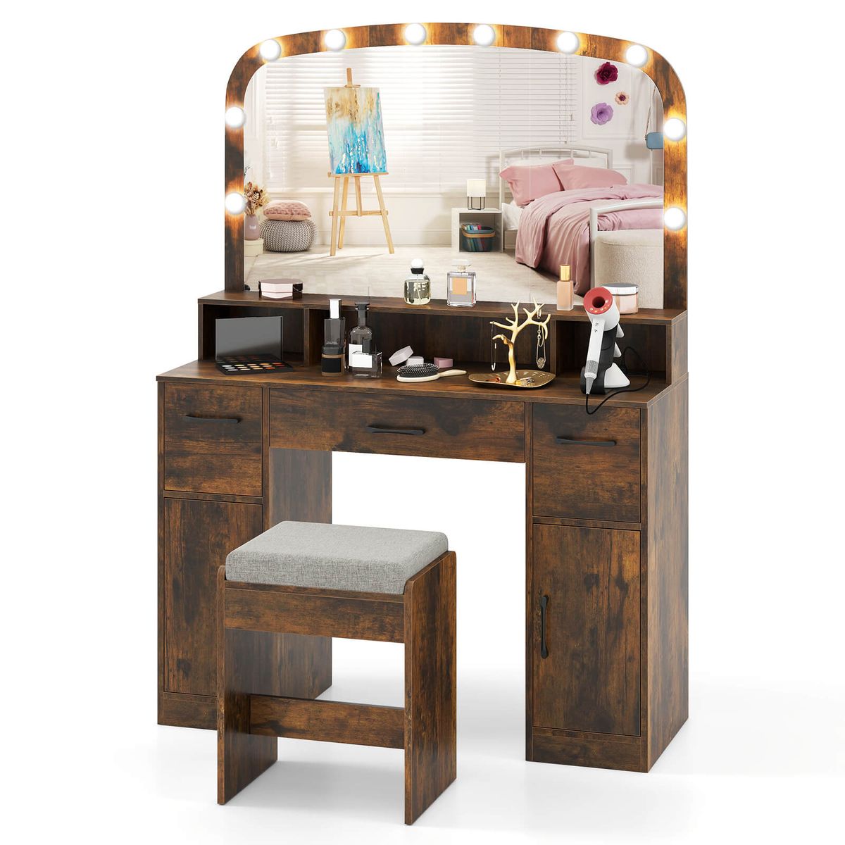 Vanity Makeup Table with Large Mirror and 3-Color Adjustable Lights - Brown