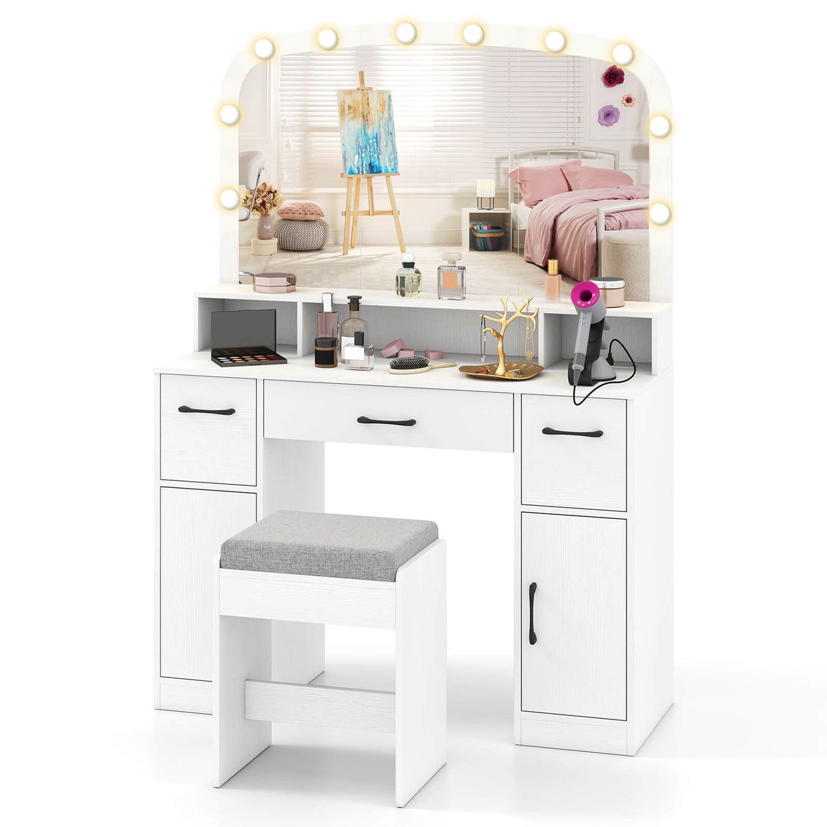 Vanity Makeup Table with Large Mirror and 3-Color Adjustable Lights - White
