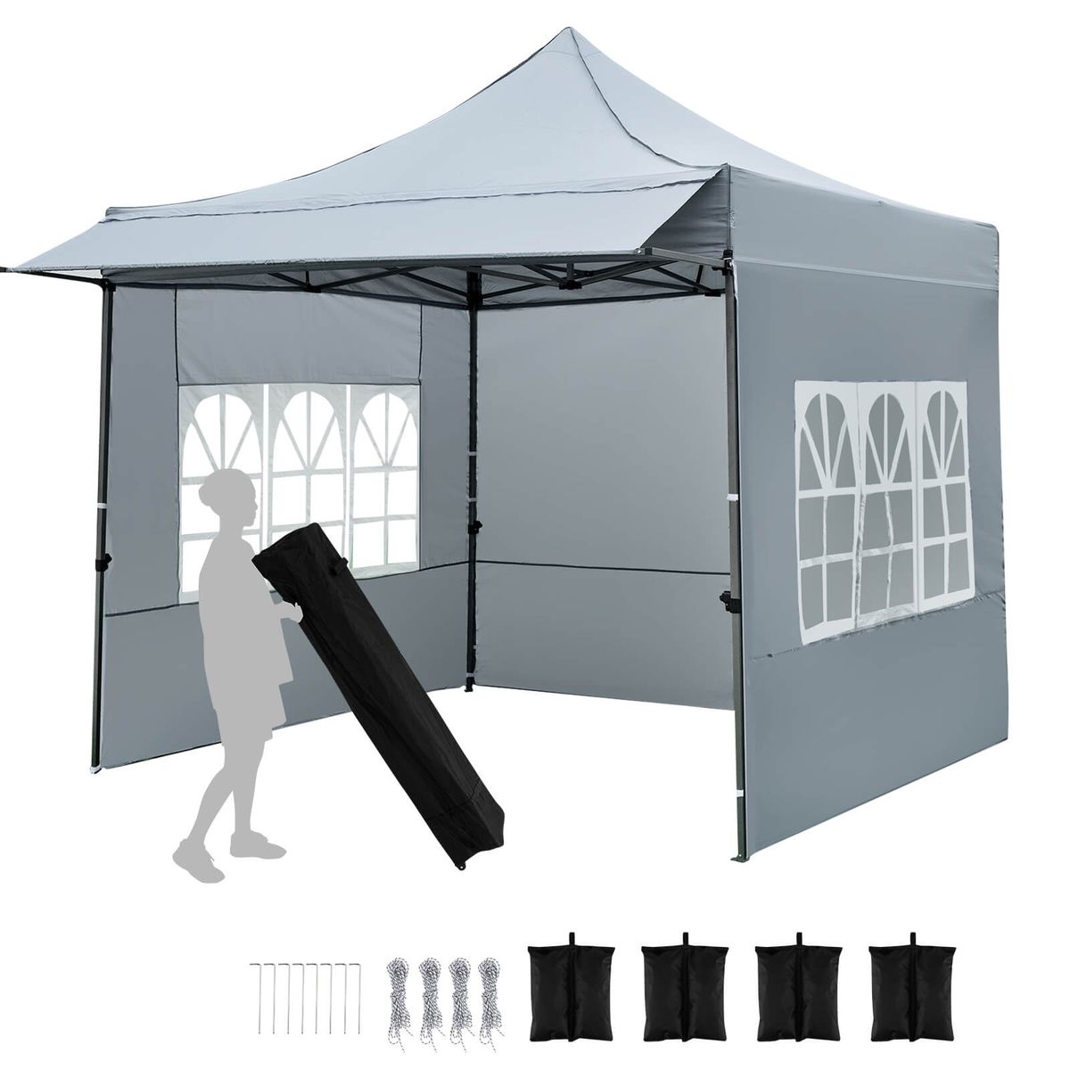 10 x 10 FT Pop up Canopy Tent with Sidewalls and Awning - Gray