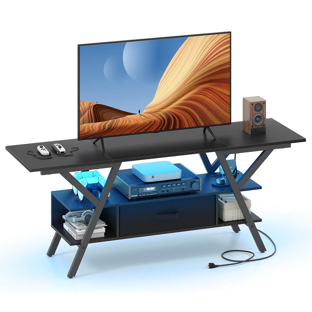 3-Tier TV Stand for 65" TVs with Power Outlets and Remote - Black