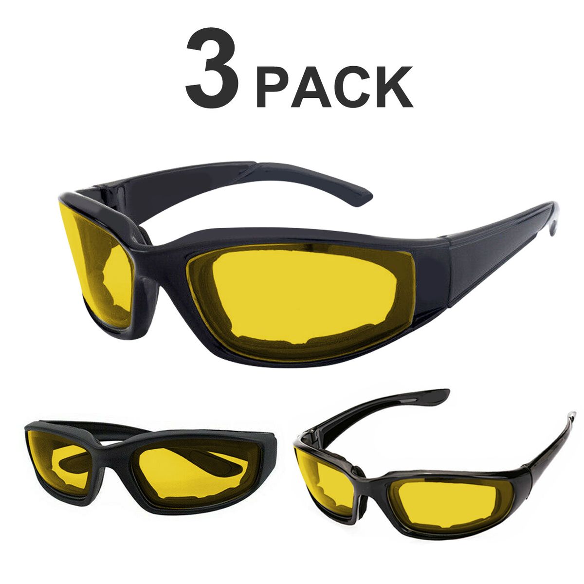 Motorcycle Sports Biker Riding Glasses (3-Pack) - Yellow