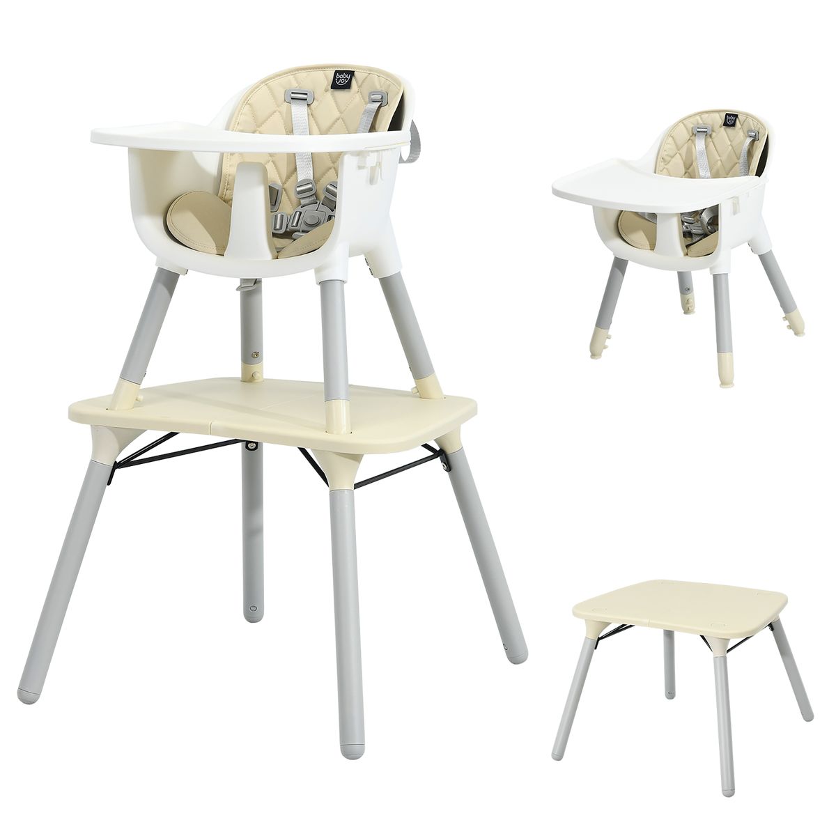 4-in-1 Baby High Chair Set with Adjustable Tray and 5-Point Harness - Beige