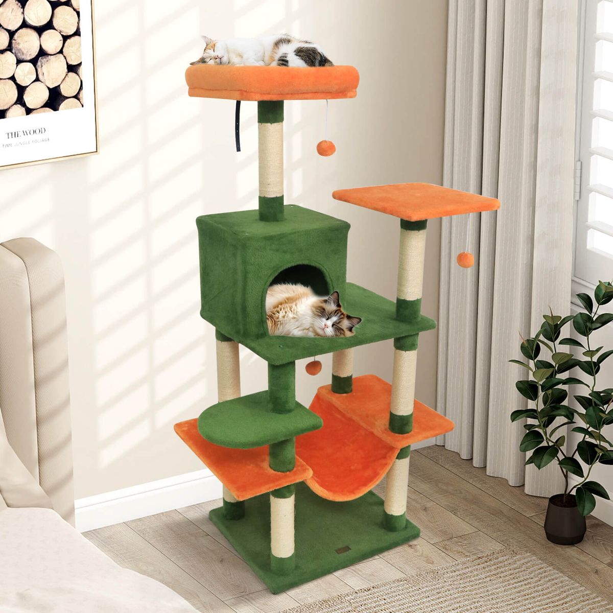 58” Tall Multi-Level Cat Tree with Upholstered Perch and Cat Condo - Green+Orange
