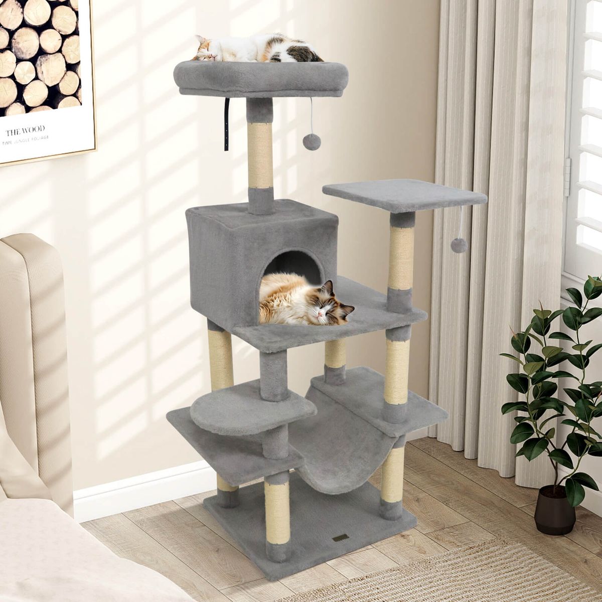 58&rdquo; Tall Multi-Level Cat Tree with Upholstered Perch and Cat Condo - Light Gray