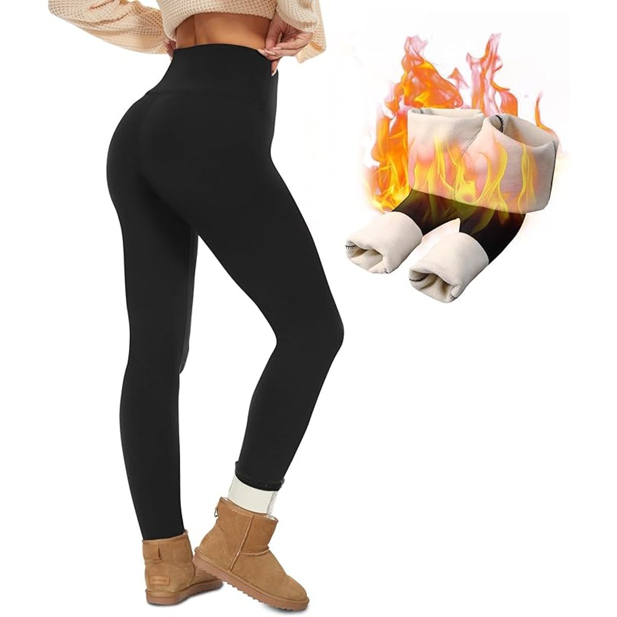 Women's Fleece Thermal Lined Leggings - Black,XXL