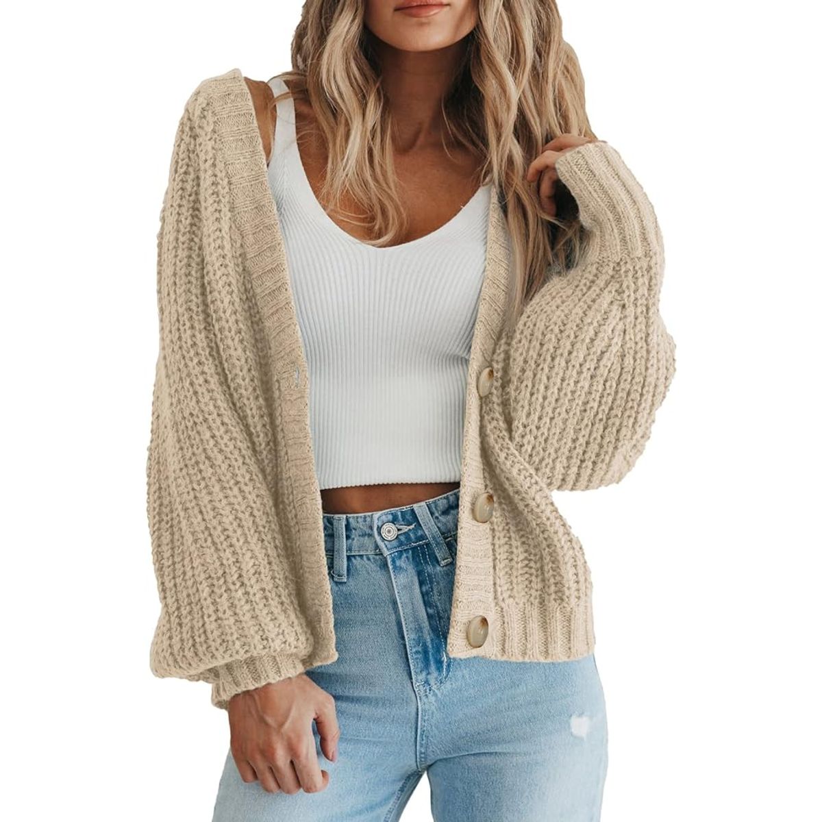 Women's Chunky Knit Open Front Cardigan - Beige,XL