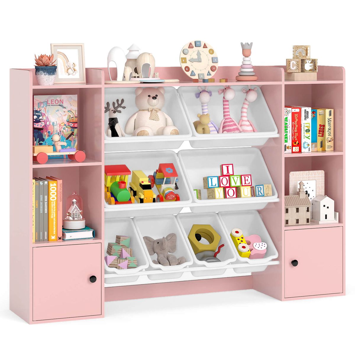 Kids Toy Storage and Bookshelf with 8 Bins - Pink