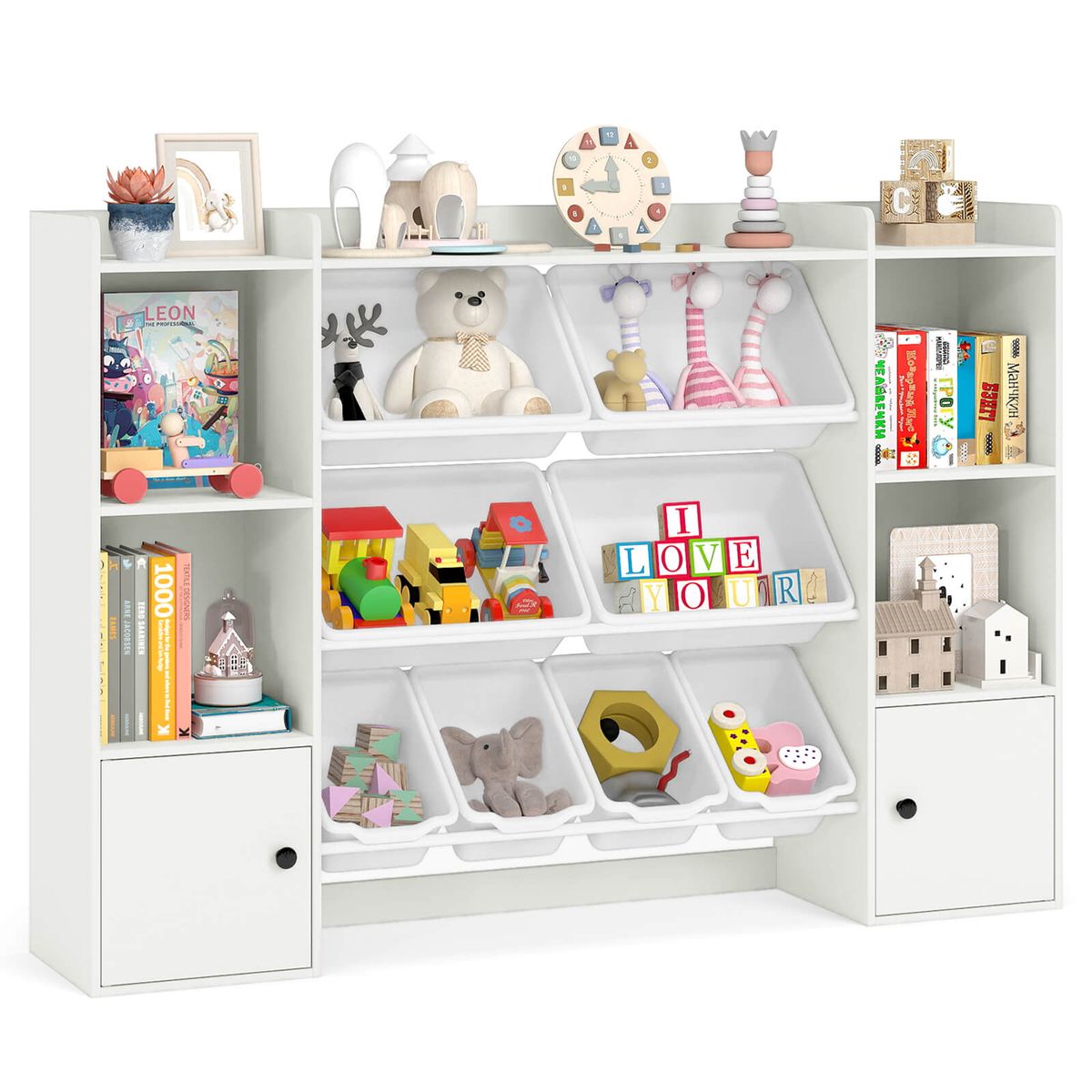 Kids Toy Storage and Bookshelf with 8 Bins - White