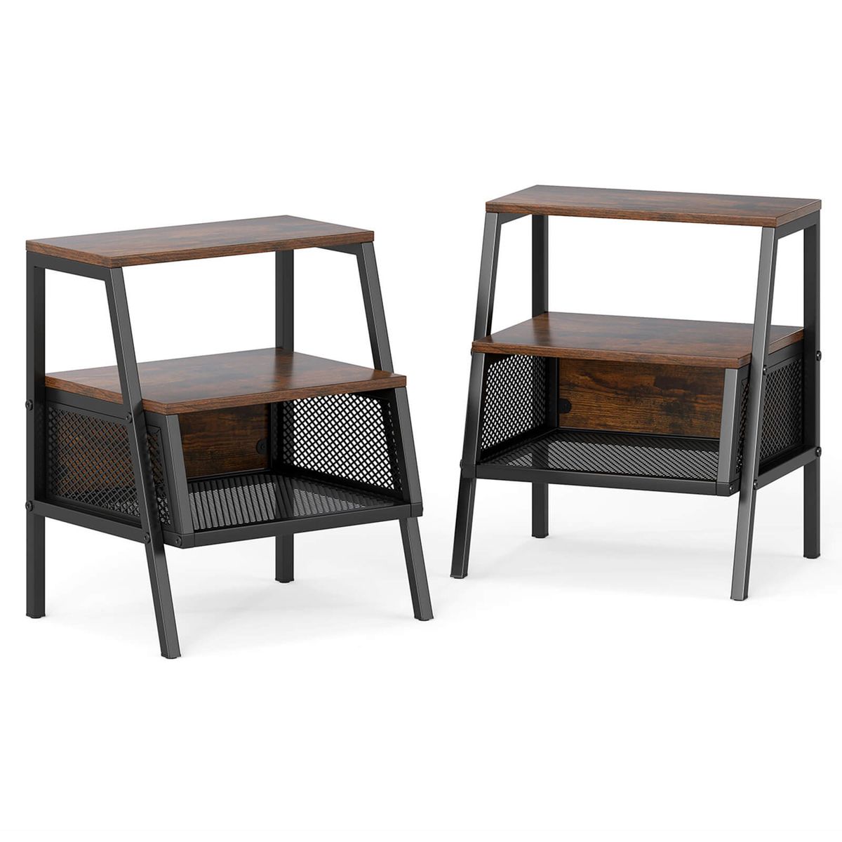 3-Tier Industrial Nightstand with 2 Open Shelves - 2 PCS