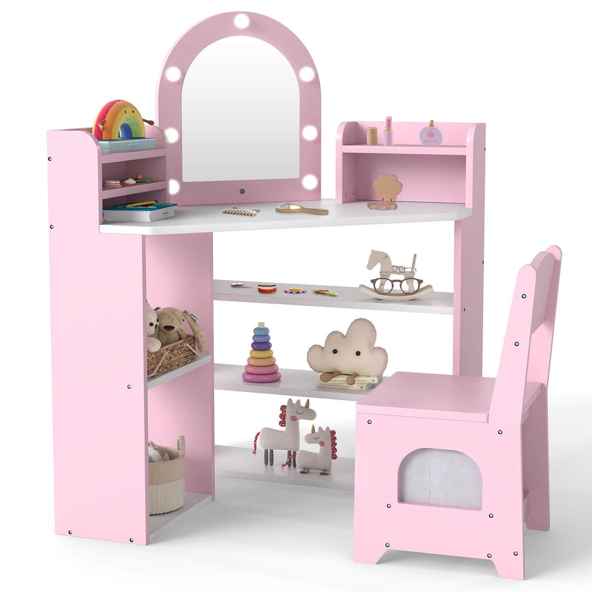 Corner Kids Vanity with Lights and Shelves - Pink + White