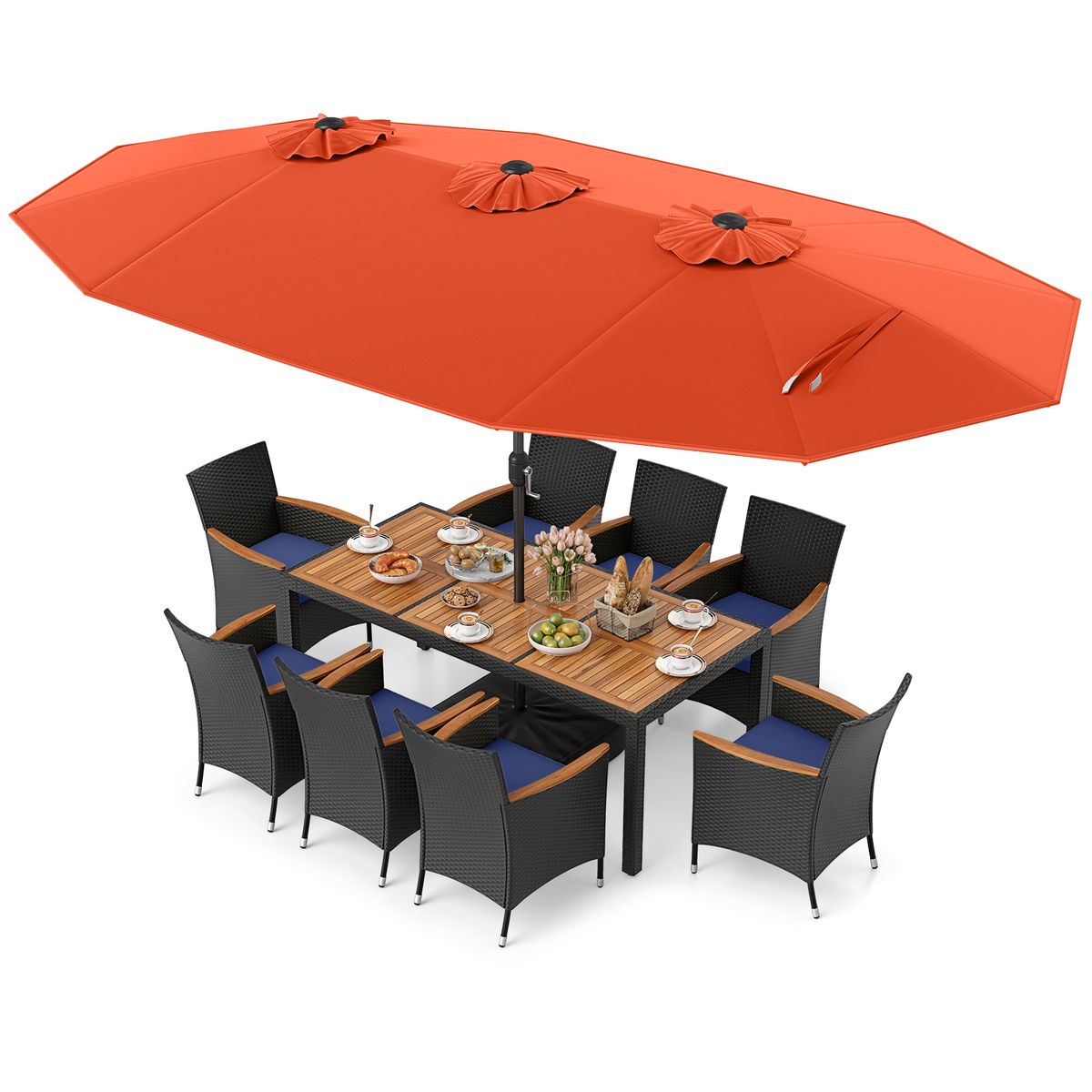 11-Piece Patio Wicker Dining Set with Umbrella - OR+NY Cushion