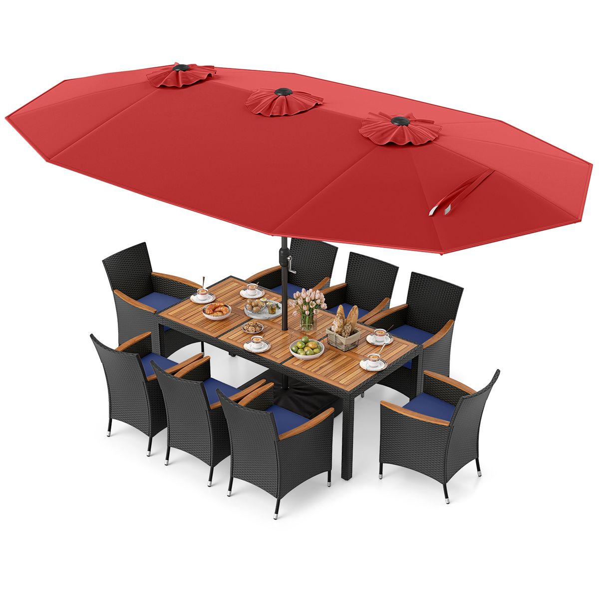 11-Piece Patio Wicker Dining Set with Umbrella - WN+NY Cushion