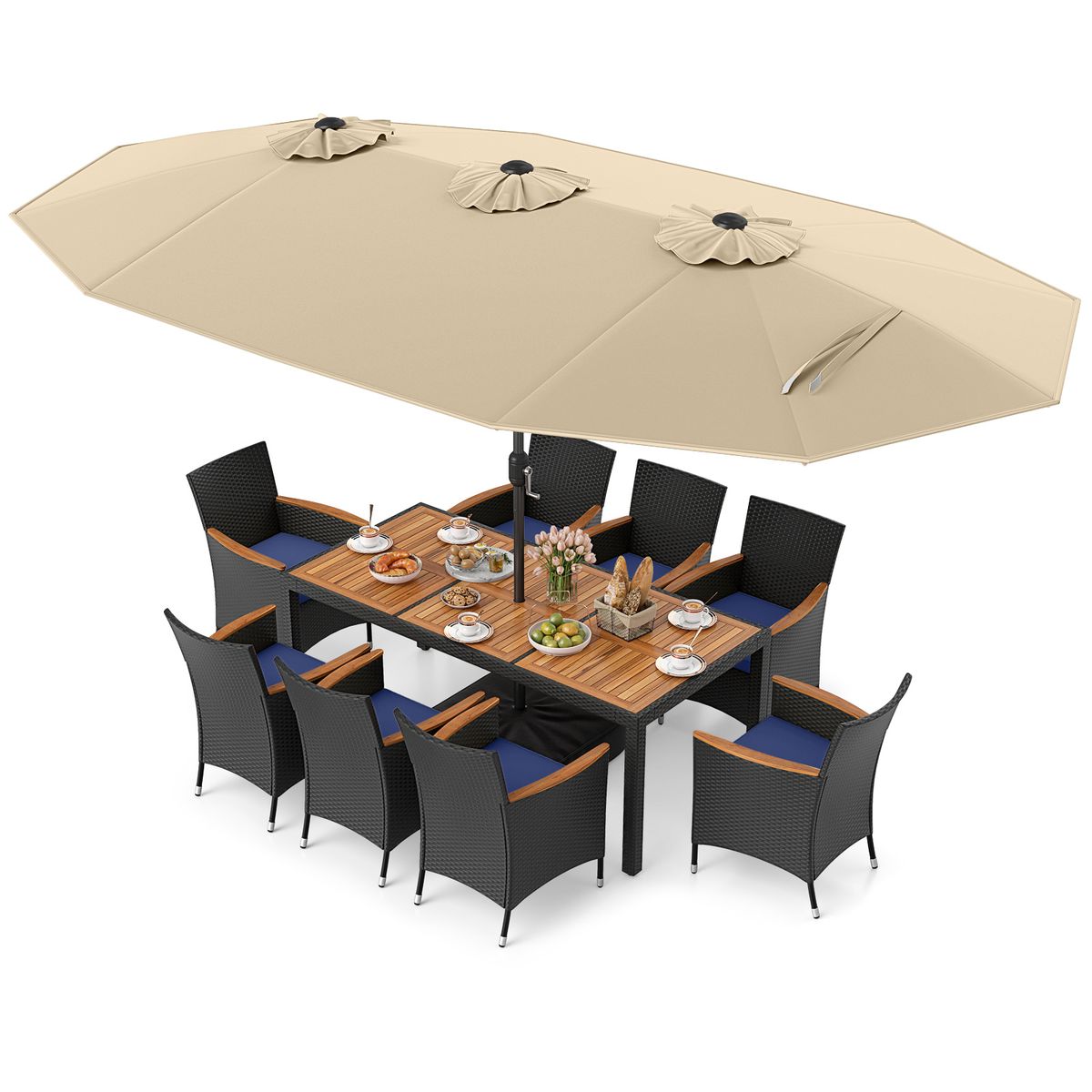 11-Piece Patio Wicker Dining Set with Umbrella - BE+NY Cushion