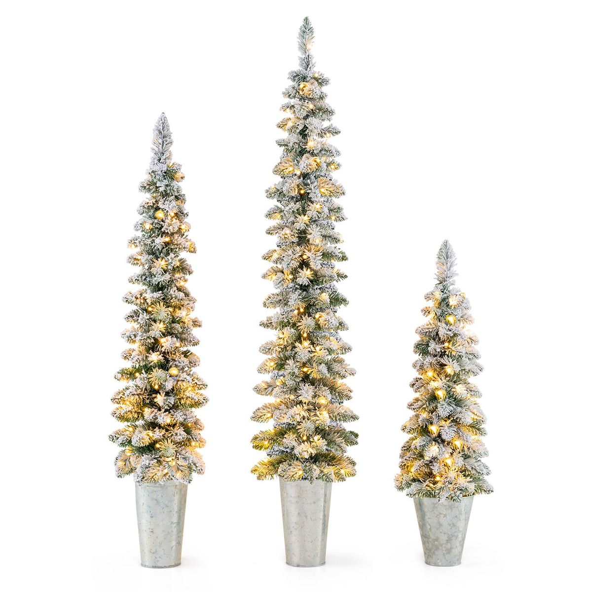 Set of 3 Pre-Lit Snow-Flocked Artificial Christmas Trees - Green